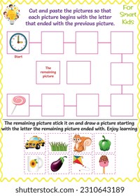 Logic Worksheet For kids, Cut and paste the pictures, educational letters game, clock, kite, eggplant, taxi, ice cream, mug, grass, squirrel, lollipop , and pepper, fine motor skills, enjoy learning