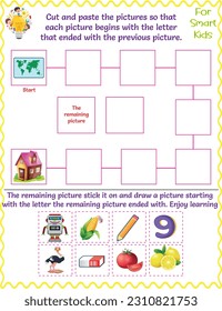 Logic Worksheet For kids, Cut and paste the images, lehrreiches Buchstabenspiel, feine motorische Fertigkeiten, genießen Lernen, Karte, Bleistift, Zitrone, neun, Radierer, Roboter, Tomate, Strauß, Haus und Mais 
