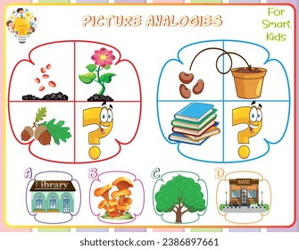 Analogien für Bilder in Logic-Arbeitsblättern für Kinder sind Lehrübungen, die Kindern helfen, logische Denkfähigkeiten zu entwickeln, indem sie Beziehungen zwischen Bildern identifizieren. Sie fördern kritisches Denken