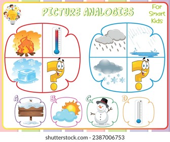 Analogien für Bilder in Logic-Arbeitsblättern für Kinder sind Lehrübungen, die Kindern helfen, logische Denkfähigkeiten zu entwickeln, indem sie Beziehungen zwischen Bildern identifizieren. Sie fördern kritisches Denken