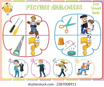 Analogien für Bilder in Logic-Arbeitsblättern für Kinder sind Lehrübungen, die Kindern helfen, logische Denkfähigkeiten zu entwickeln, indem sie Beziehungen zwischen Bildern identifizieren. Sie fördern kritisches Denken