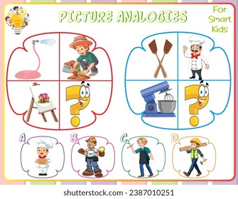 Analogien für Bilder in Logic-Arbeitsblättern für Kinder sind Lehrübungen, die Kindern helfen, logische Denkfähigkeiten zu entwickeln, indem sie Beziehungen zwischen Bildern identifizieren. Sie fördern kritisches Denken