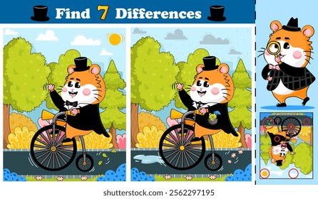 Logical activity page for kids featuring a cute hamster character riding bicycl