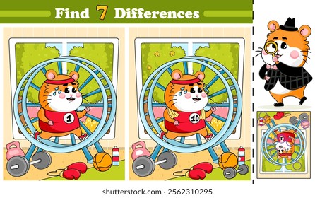 Logical activity page for kids featuring featuring a cute hamster running in a wheel in a gym, designed as a find 7 differences puzzle in cartoon style