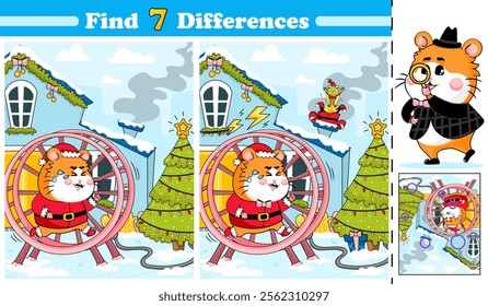 Logical activity page for kids featuring featuring a cute hamster running in a wheel to light up a Christmas tree, designed as a find 7 differences puzzle in cartoon style