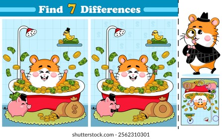 Logical activity page for kids featuring featuring a cute hamster having a bath full of gold, designed as a find 7 differences puzzle in cartoon style