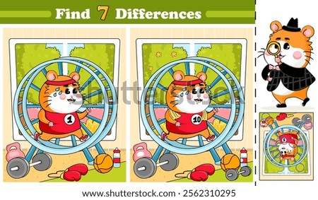 Logical activity page for kids featuring featuring a cute hamster running in a wheel in a gym, designed as a find 7 differences puzzle in cartoon style