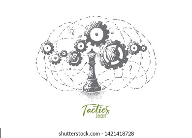 Logical, critical and analytical thinking, progress and innovation metaphor. Queen chess figure with cogwheels, strategy development, finding solution sketch concept. Hand drawn vector illustration