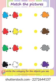 Logical educational activity worksheets for kids that involve matching pairs of pictures
Children develop their visual discrimination skills and problem-solving abilities. Color Mixing.