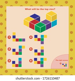 Logical educational game for children and adults, puzzle. the development of spatial thinking in children. The task of the game - what will be the top view?