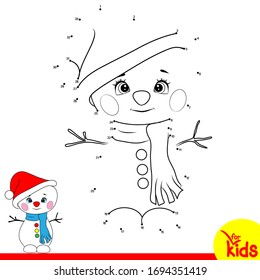 Logical educational game for children. Vector illustration. Coloring. Connect the dots in order. Cute snowman
