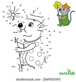 Un juego educativo lógico para los niños. Ilustración vectorial. Conecte los puntos con una línea en orden. Ratón y flor