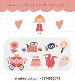 Logical fairy tale game for kids. Cute hand drawn doodle funny puzzle with princess, dragon, cake, flower, heart. Educational worksheet, mind task, riddle, mental teaser, brain trainer for children