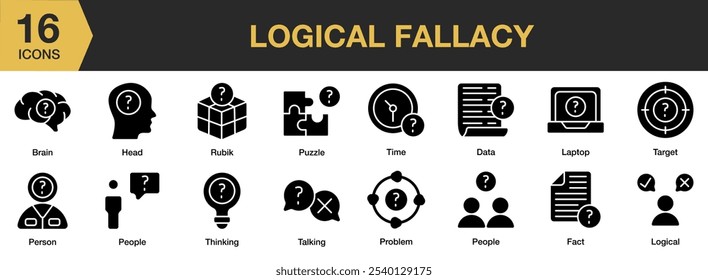 Conjunto de ícones sólidos da Falácia Lógica. Inclui cérebro, dados, fato, cabeça, laptop, lógico e muito mais. Coleção vetorial de ícones sólidos.