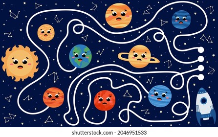 Logical find right way to earth game for kids with planets of solar system, riddle in cartoon style with spaceships and alien rockets, stars, printable worksheet, galaxy themed puzzle