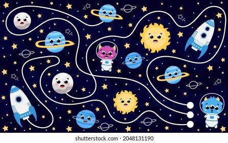 Logical find right way to spaceship game for kids with planets, riddle in cartoon style with alien rockets, stars, printable worksheet, galaxy themed puzzle
