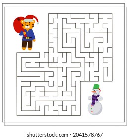 Ein logisches Spiel für Kinder. Mach das Labyrinth zu. Ein Tiger im neuen Jahr, ein Tiger zu Weihnachten. Vektorgrafik einzeln auf weißem Hintergrund