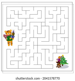 A logical game for children. Complete the maze. A tiger in the new year, a tiger at Christmas. Vector isolated on a white background