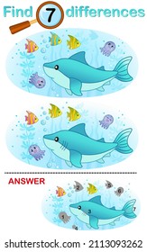 Logical game for children education. Find the differences in the picture. Underwater world, bright coral fish shark and octopus