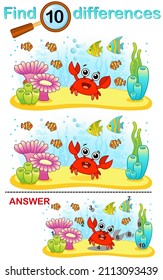 Logical game for children education. Find the differences in the picture. Underwater World, Bright Coral Fishes and Crab