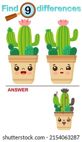 Logical game for children education. Find the differences in the picture. Cute kawaii cactus in flower pot