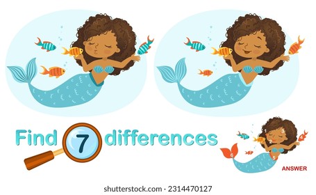 Logical game for children education. Find the differences in the picture. Illustration of beautiful girl mermaid