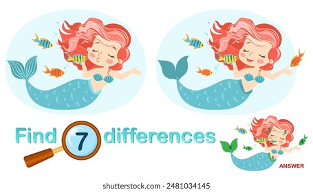 Logical game for children education. Find the differences in the picture. Illustration of beautiful girls mermaid