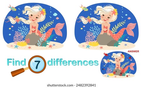 Logical game for children education. Find the differences in the picture. Illustration of a beautiful mermaid girl with a blonde braid among seaweed and corals