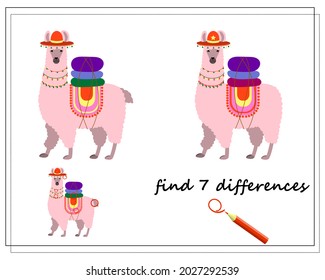 a logical game for children, find the differences. cute cartoon llama. vector isolated on a white background.