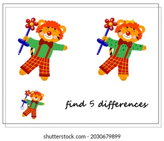 A logical game for children, find the differences. Tiger in the circus, clown. the vector is isolated on a white background