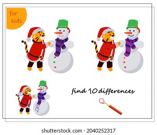 A logical game for children. Find the differences. A tiger in a Santa costume makes a snowman, new year. Vector isolated on a white background