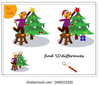 A logical game for children. Find the differences. Tiger decorates the Christmas tree for Christmas. Vector isolated on a white background