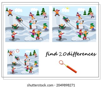 A logical game for children to find the differences. In winter, children play snowballs, make a snowman, sledding and skiing outdoors. Vector isolated on a white background