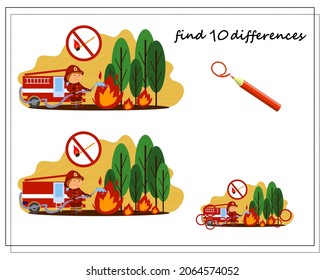 A logical game for children find the differences, a firefighter extinguishes a fire. vector isolated on a white background