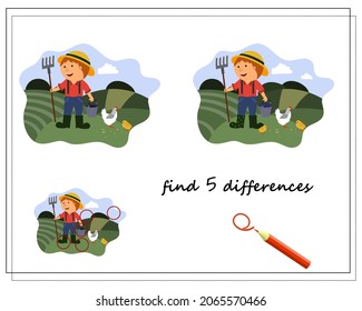 A logical game for children find the differences, a farmer in the field. vector isolated on a white background.