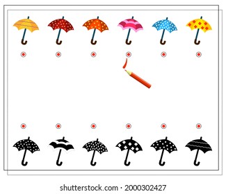 Un juego lógico para los niños, encontrar la sombra adecuada para los paraguas con diferentes patrones. Vector aislado en un fondo blanco.