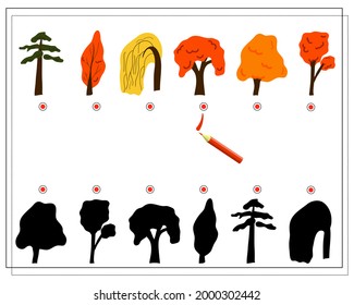 A logical game for children, find the right shade for the trees. Autumn, pine, willow, linden. Vector isolated on a white background.