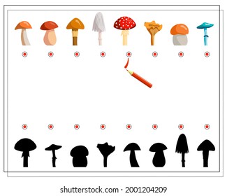 A logical game for children, find the right shadow for mushrooms. Vector isolated on a white background.