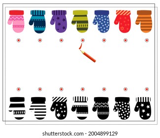 A logical game for children. find the right shade, mittens with ornaments. vector isolated on a white background.