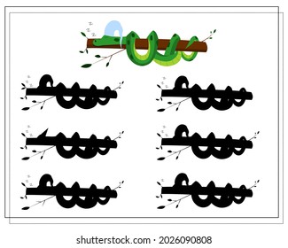Un juego lógico para los niños, encuentra la sombra correcta. linda serpiente de dibujos animados durmiendo en un árbol, vector aislado en un fondo blanco.