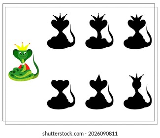 Un juego lógico para los niños, encuentra la sombra correcta. linda serpiente de dibujos animados en una corona, vector aislado en un fondo blanco.