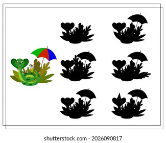 A logical game for children, find the right shadow. cute cartoon snake sleeping on vacation, vector isolated on a white background.