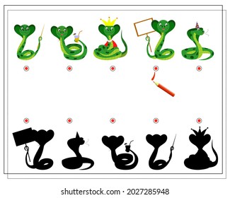 A logical game for children Find the right shadow . cute cartoon snake, vector, isolated on a white background.