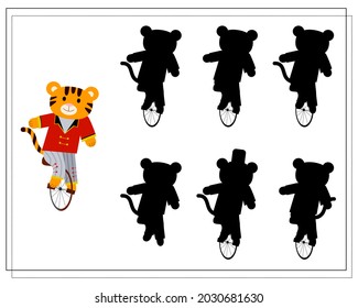 Un juego lógico para los niños, encuentra la sombra correcta. un tigre en un circo.vector aislado en un fondo blanco.