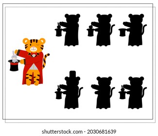 A logical game for children, find the right shadow. a tiger in a circus.vector isolated on a white background.