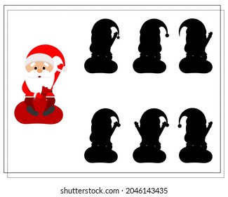 A logical game for children, find the right shadow. cartoon santa is sitting on a bag. vector isolated on a white background.