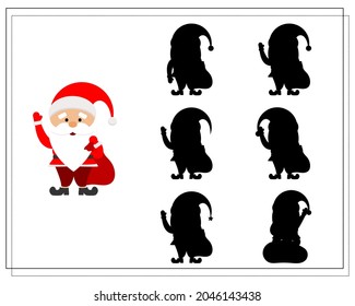 A logical game for children, find the right shadow. cartoon santa with a bag. vector isolated on a white background.