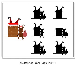 A logical game for children, find the right shadow. cartoon santa is stuck in a pipe. vector isolated on a white background