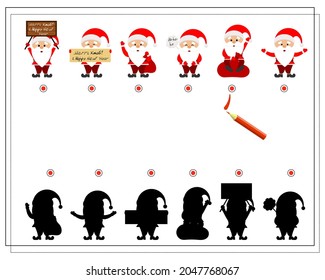 A logical game for children, find the right shadow. cartoon santa is stuck in a pipe. vector isolated on a white background.