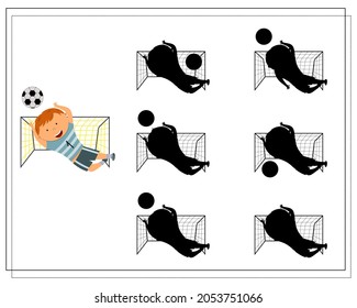 a logical game for children to find the right shadow. cartoon children play football and basketball. vector isolated on a white background